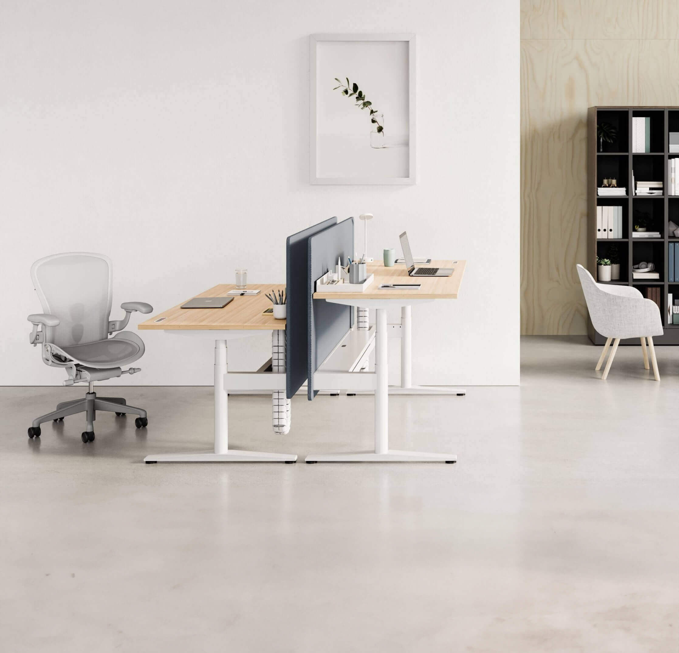 two ratio workstations with white frame and wooden legs with an aeron chair in a modern australian office in sydney