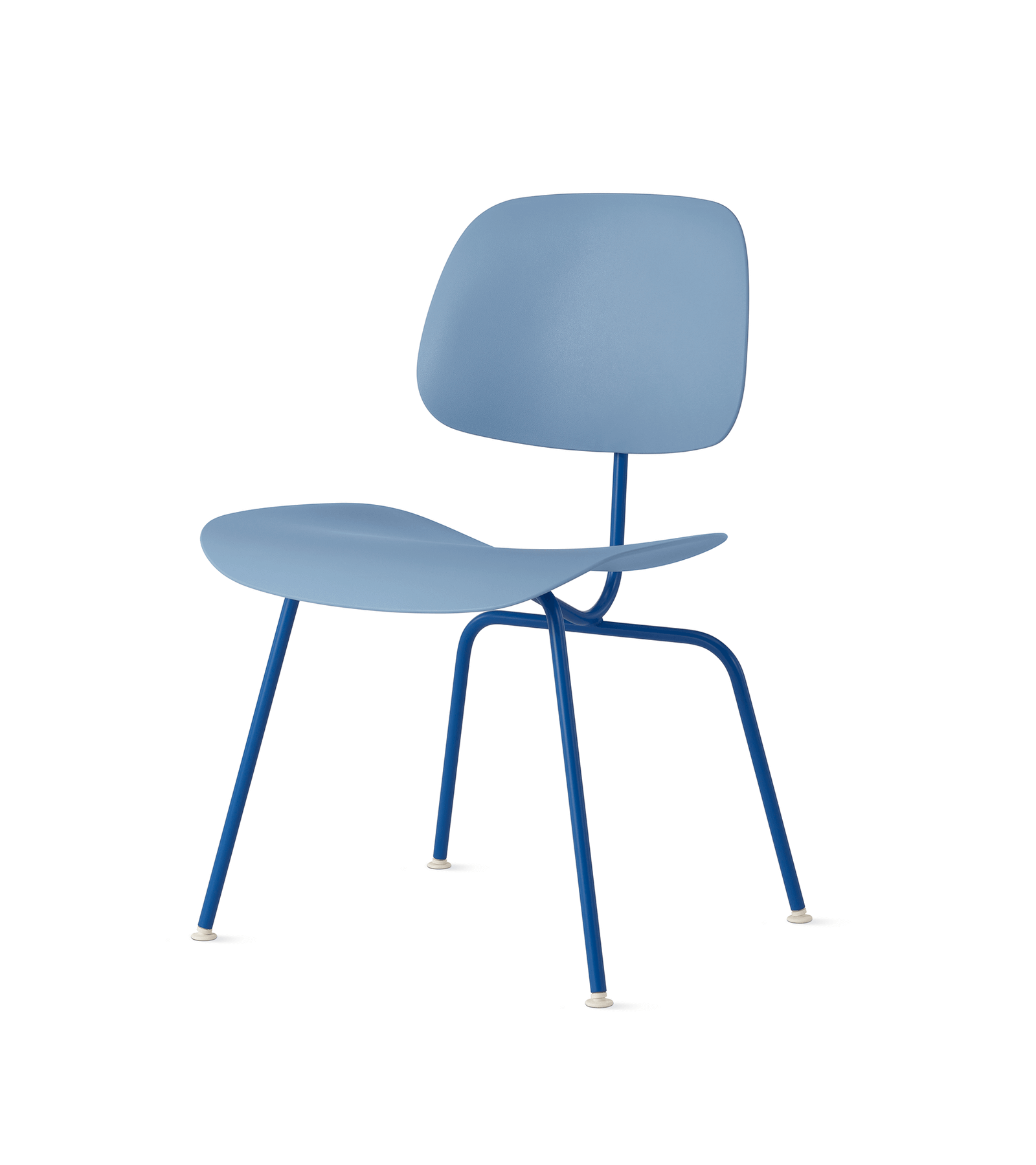 side angle of a eames molded plastic dining chair in light blue colour in a white room