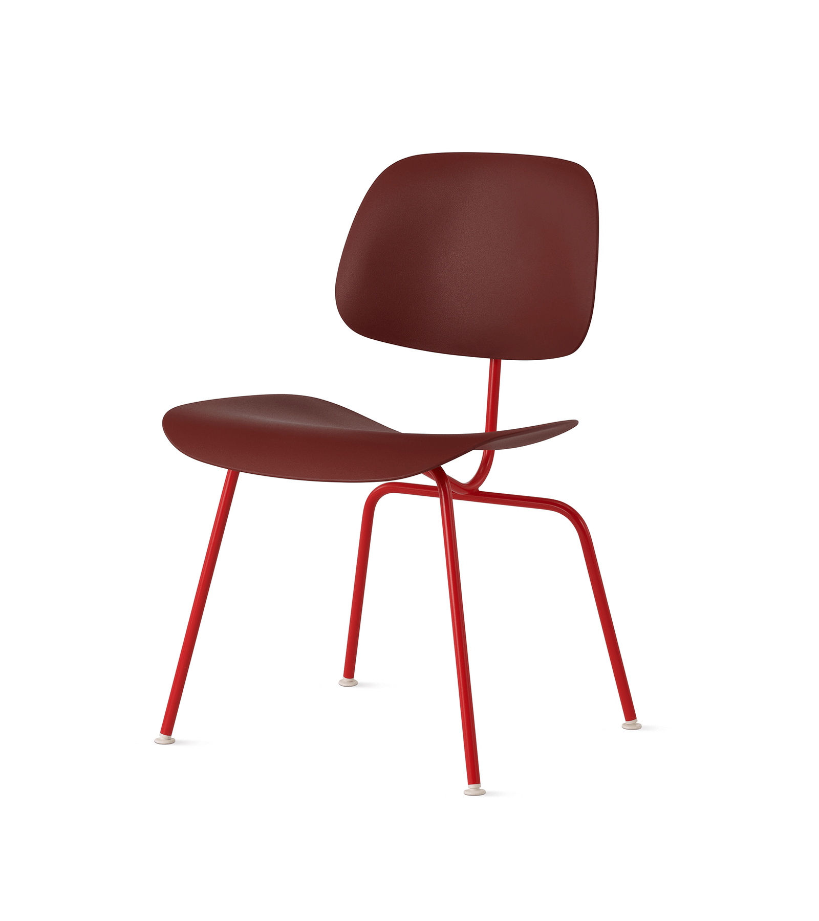 side angle of a eames molded plastic dining chair in brown colour in a white room