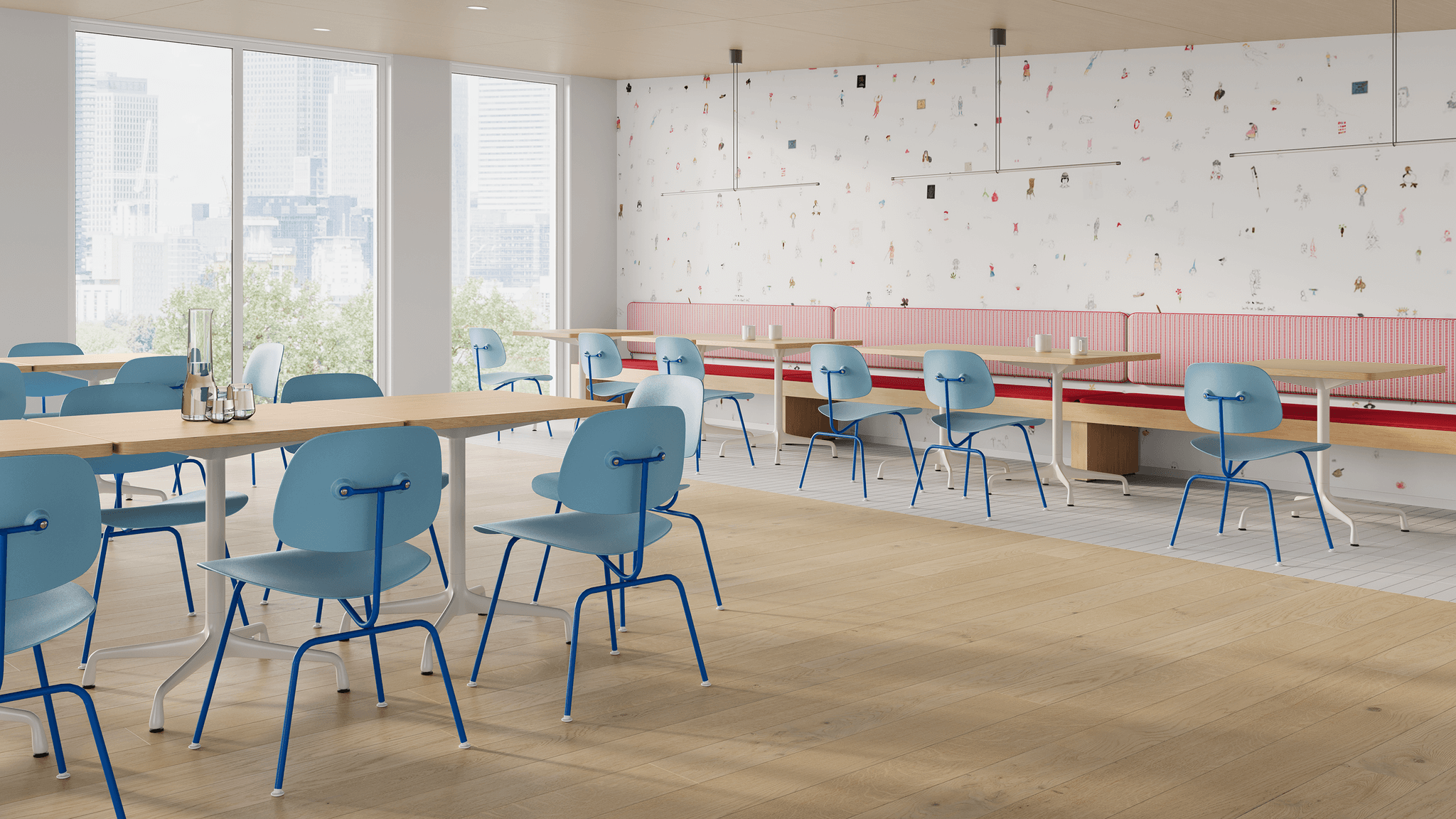 eames molded plastic dining chair in light blue colour in a restaurant