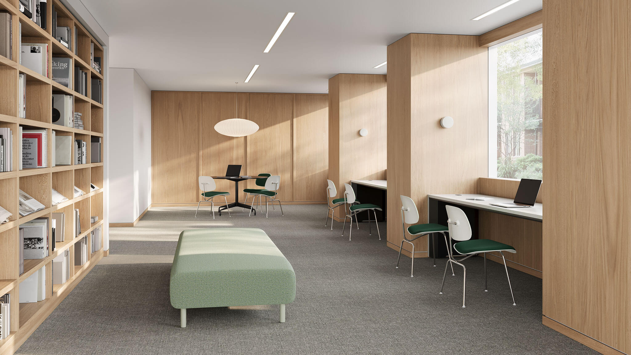 eames molded plastic dining chair in white colour in a library