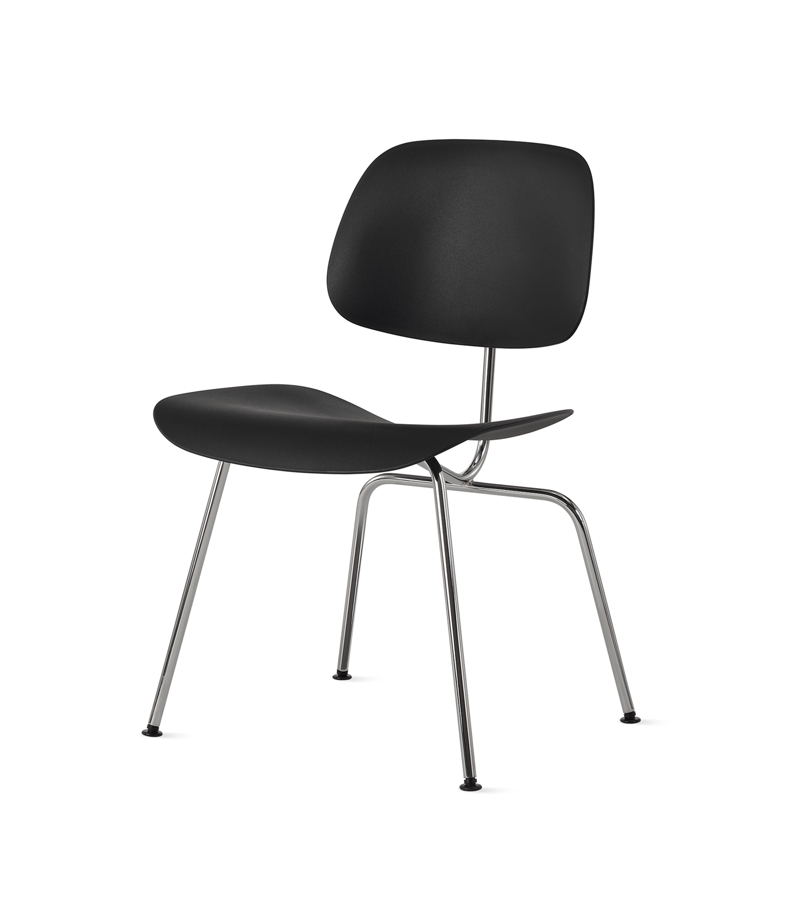 side angle of a eames molded plastic dining chair in black colour in a white room