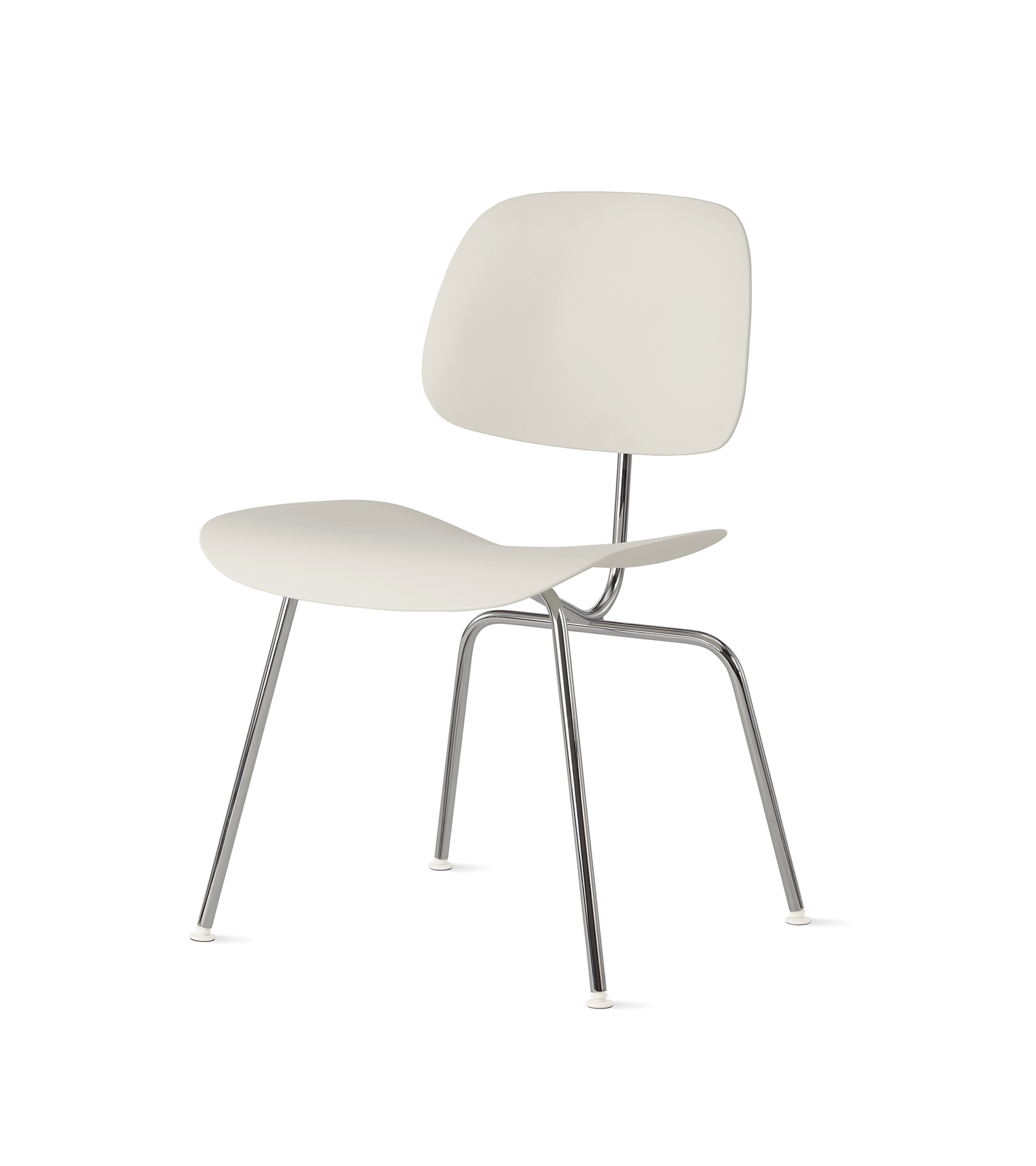 side angle of a eames molded plastic dining chair in white colour in a white room