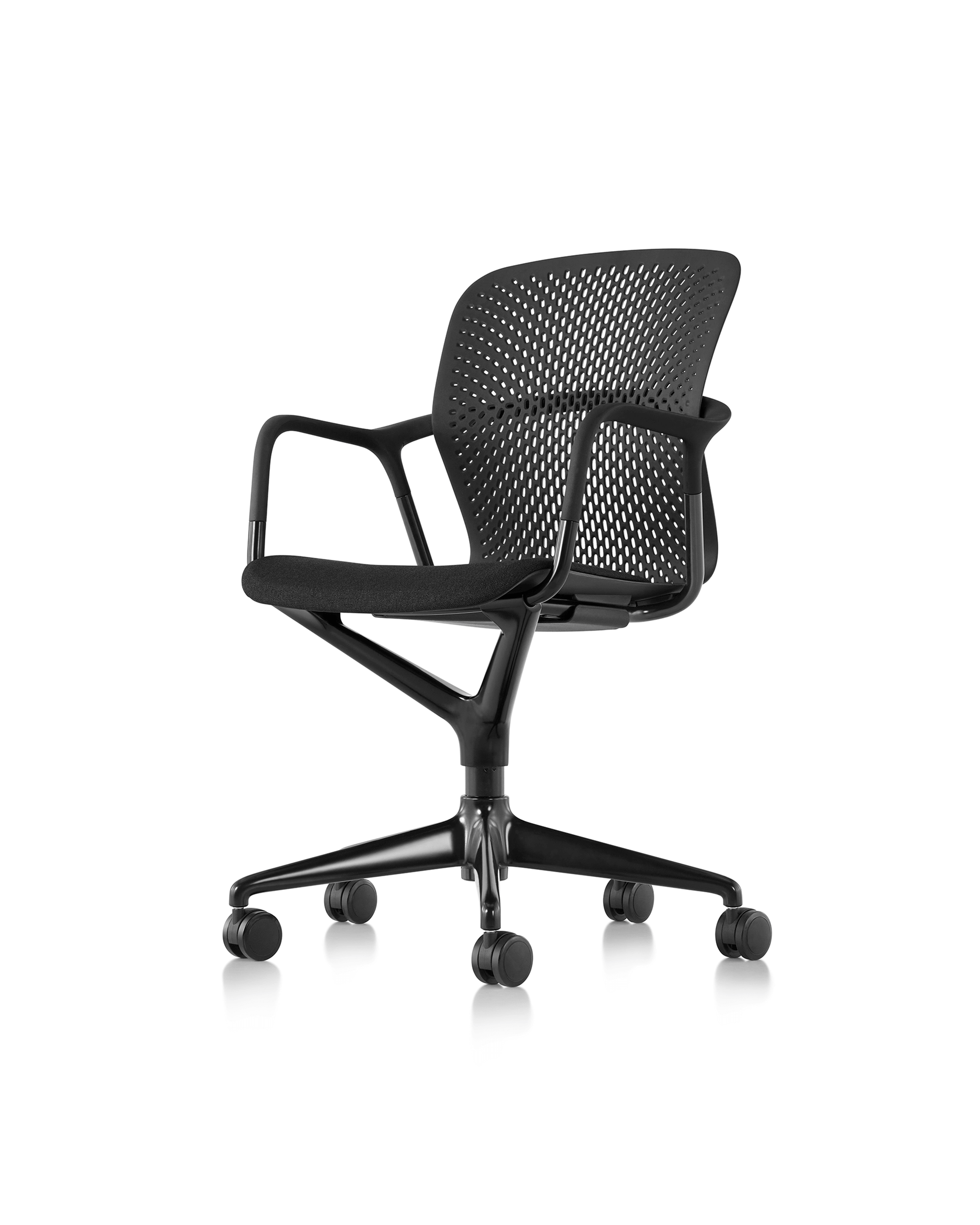 the front side angle of a black keyn chair with castor wheels in a white room in sydney