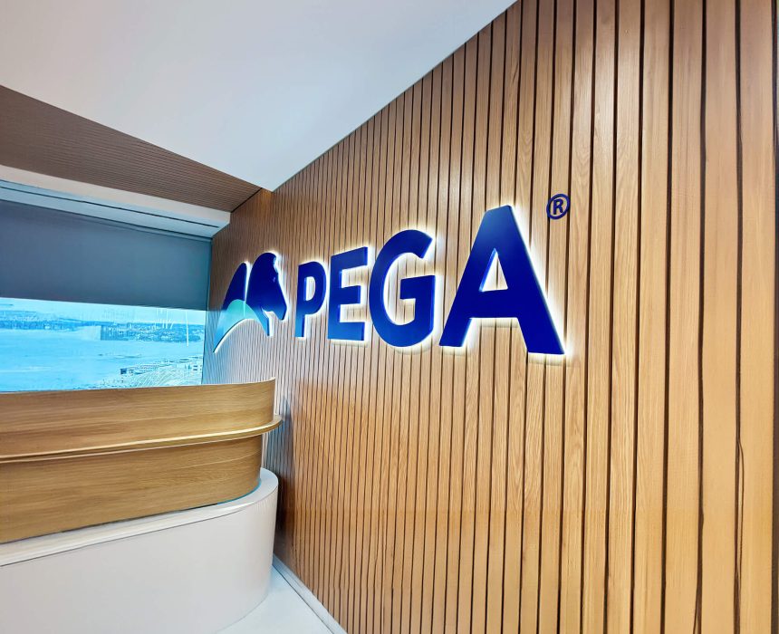 Pega Headwuarters apac office relocation reception with logo on the wall